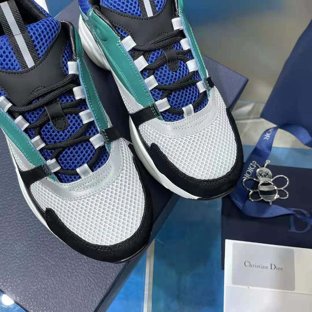 Dior Men B22 Sneaker White and Blue Technical Mesh with Deep Green and Black Smooth Calfskin - image 7