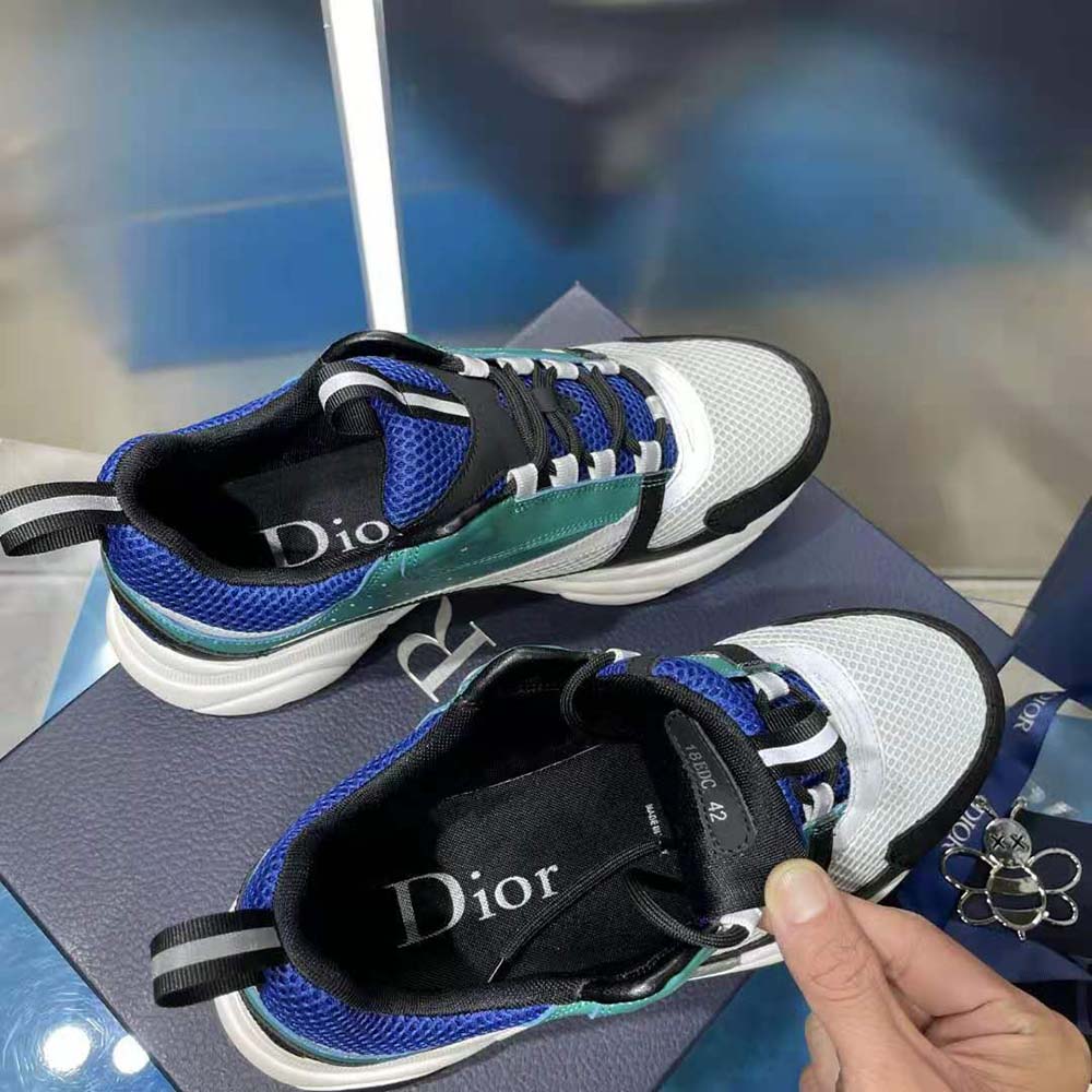 Dior Men B22 Sneaker White and Blue Technical Mesh with Deep Green and Black Smooth Calfskin - image 8