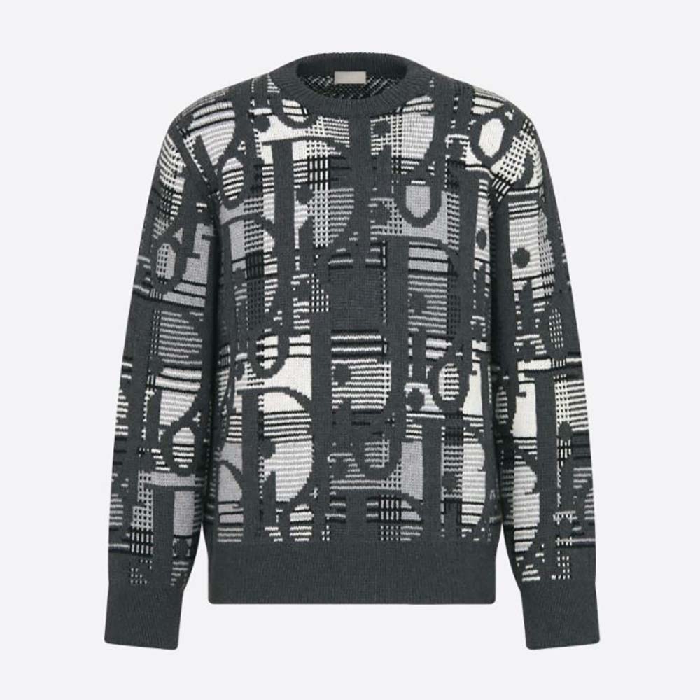 Front view of Dior Men Oblique Sweater with Tartan Motif Gray Wool Jacquard