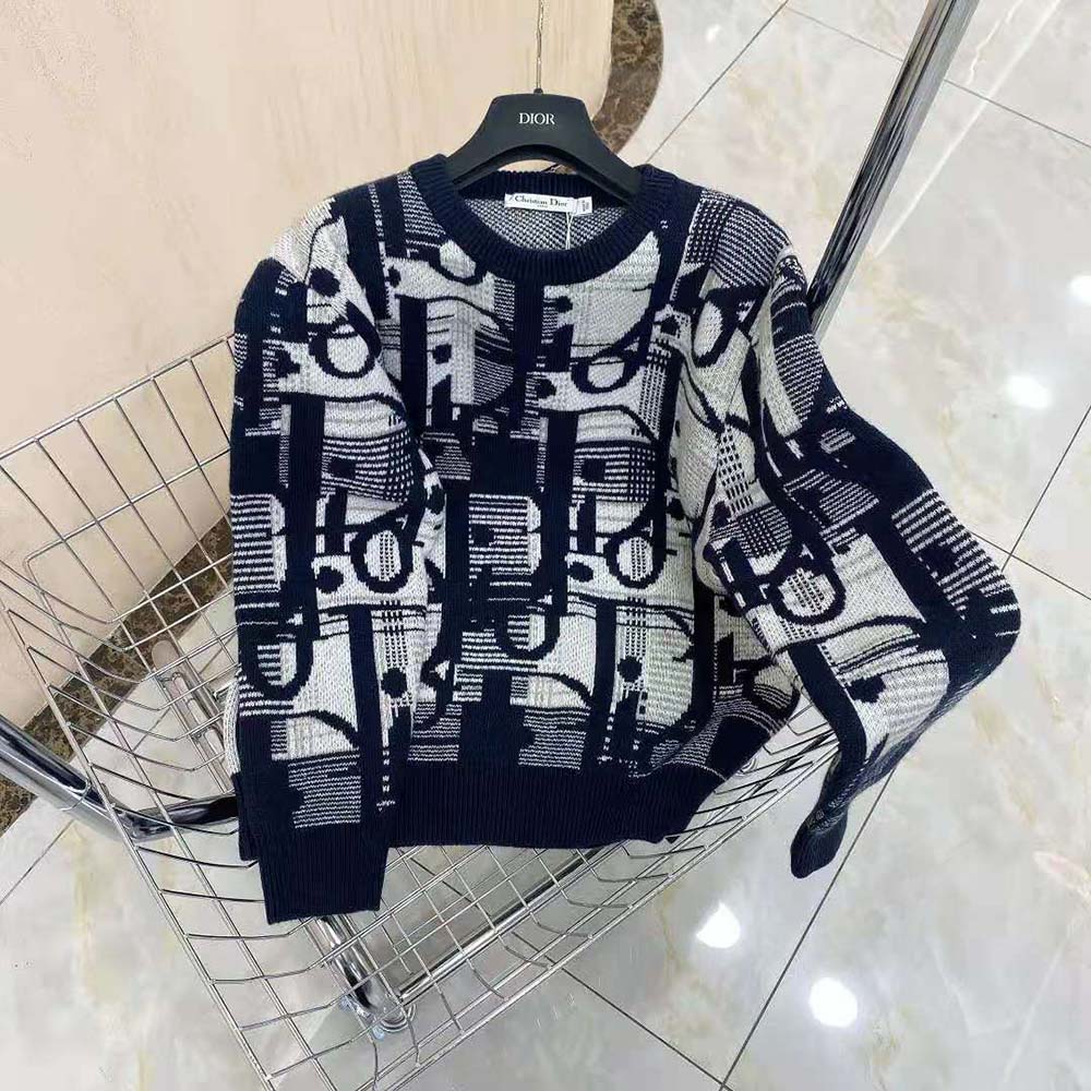 Dior Men Oblique Sweater with Tartan Motif Gray Wool Jacquard - image 4