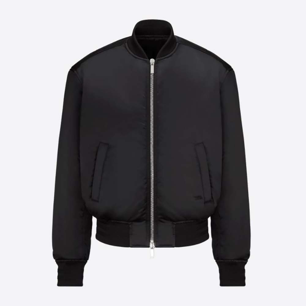 Front view of Dior Men Peter Doig Bomber Jacket Black Technical Satin