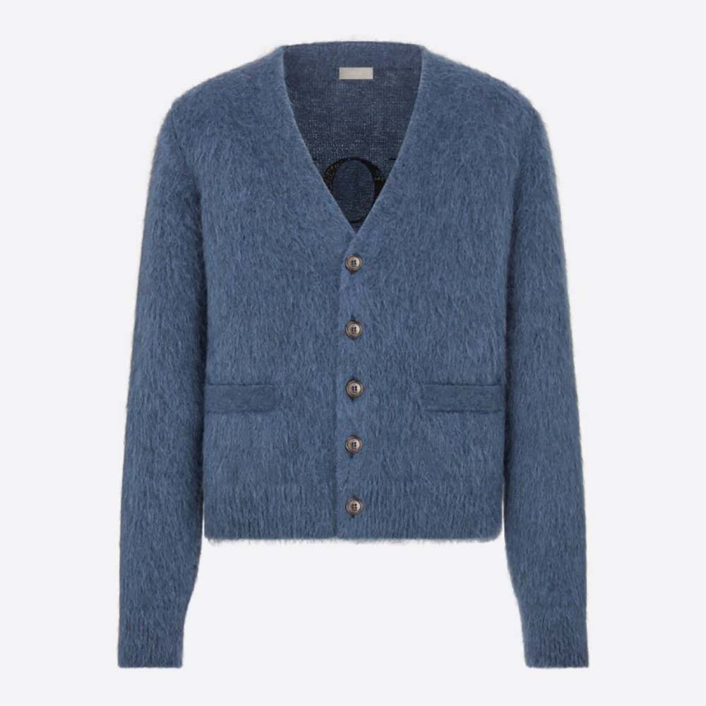 Front view of Dior Men Peter Doig Cardigan Blue Technical Mohair and Wool Brushed Jersey