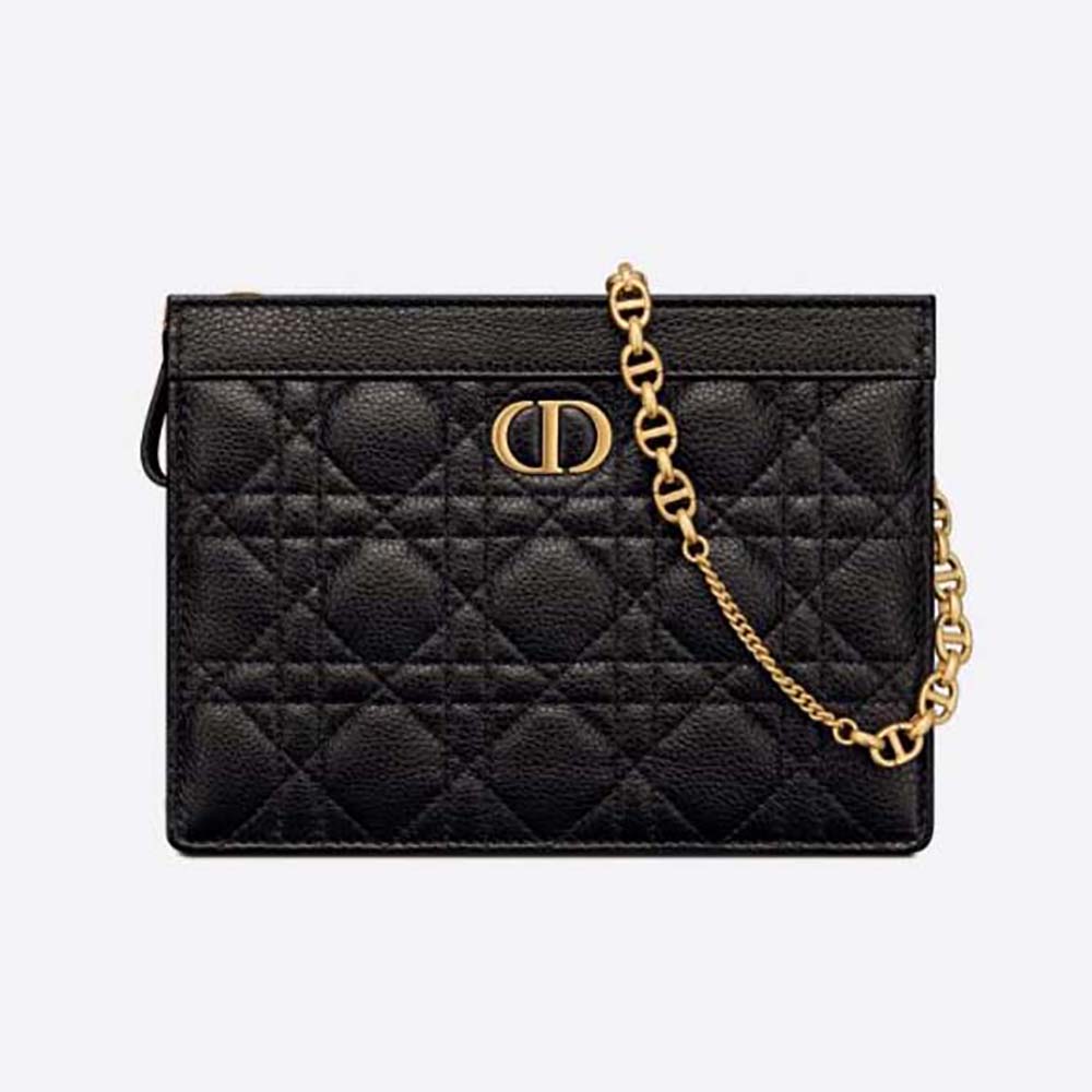 Front view of Dior Women Caro Zipped Pouch with Chain Black Cannage leather