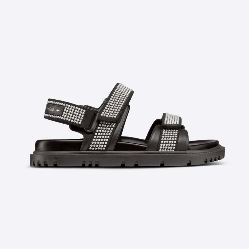Side view of Dior Women Dioract Sandal Black Technical Fabric and White Resin Pearls