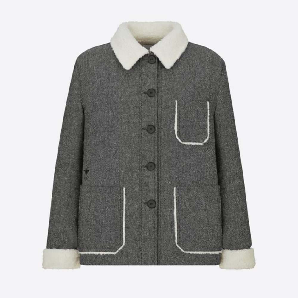 Front view of Dior Women Faux-Shearling Caro Jacket Gray Technical Cotton Drill