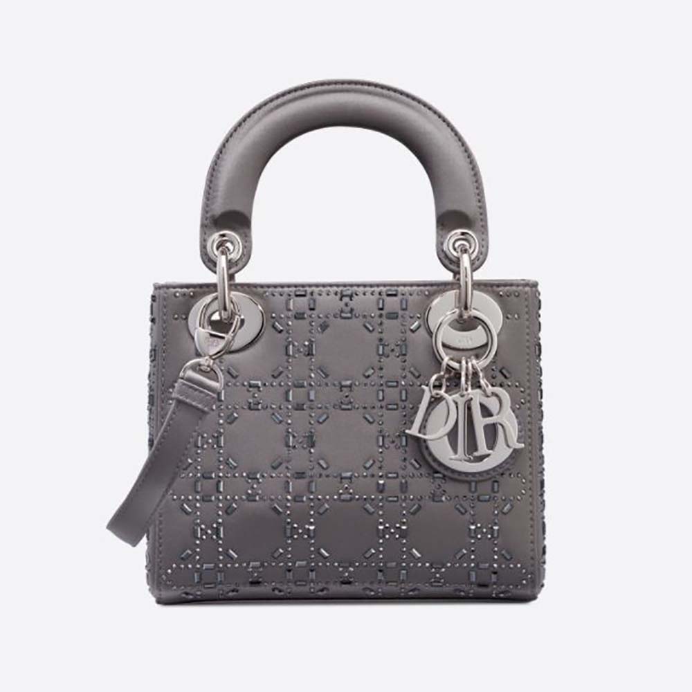 Front view of Dior Women Mini Lady Dior Bag Gray Strass Cannage Satin