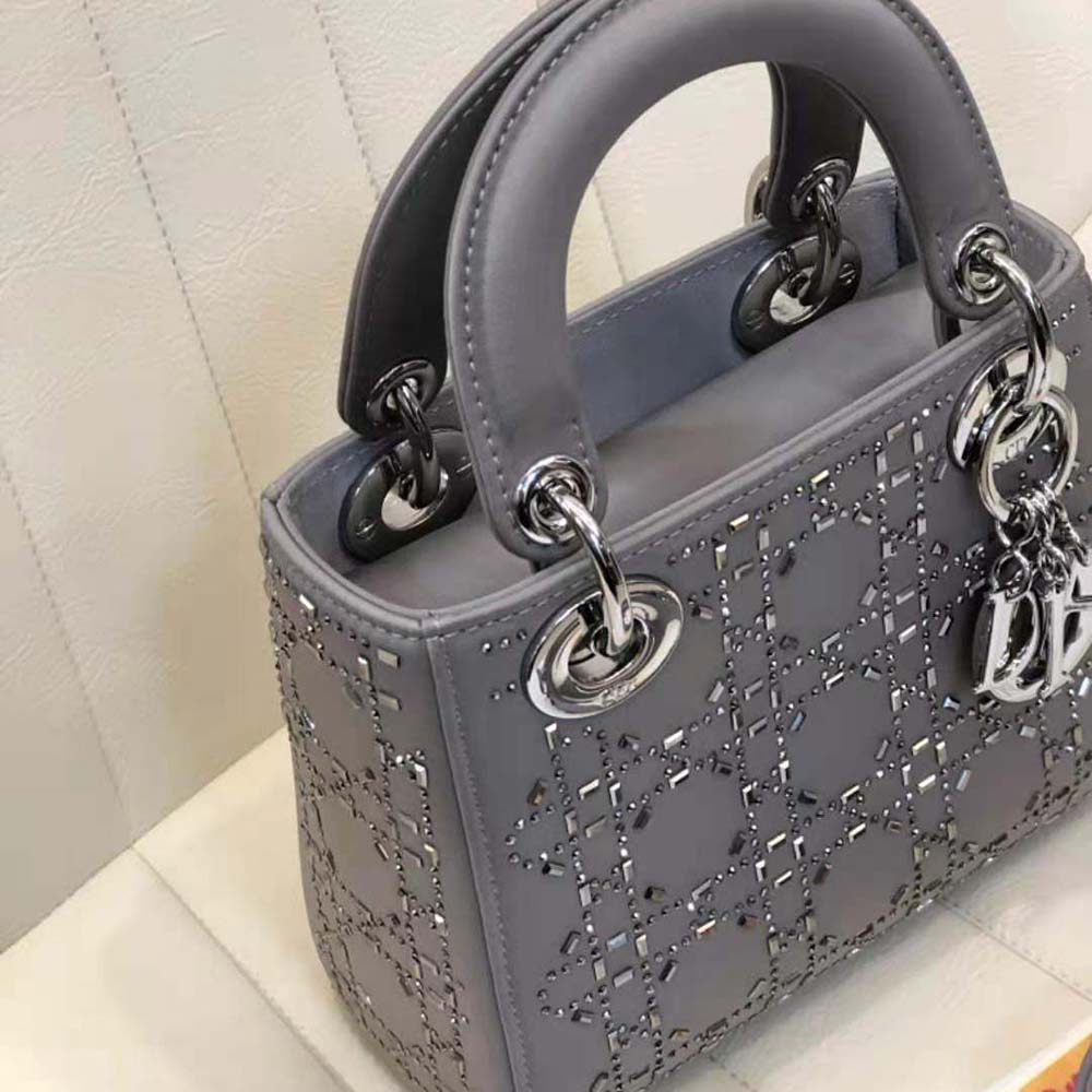 Dior Women Mini Lady Dior Bag Gray Strass Cannage Satin - image 9
