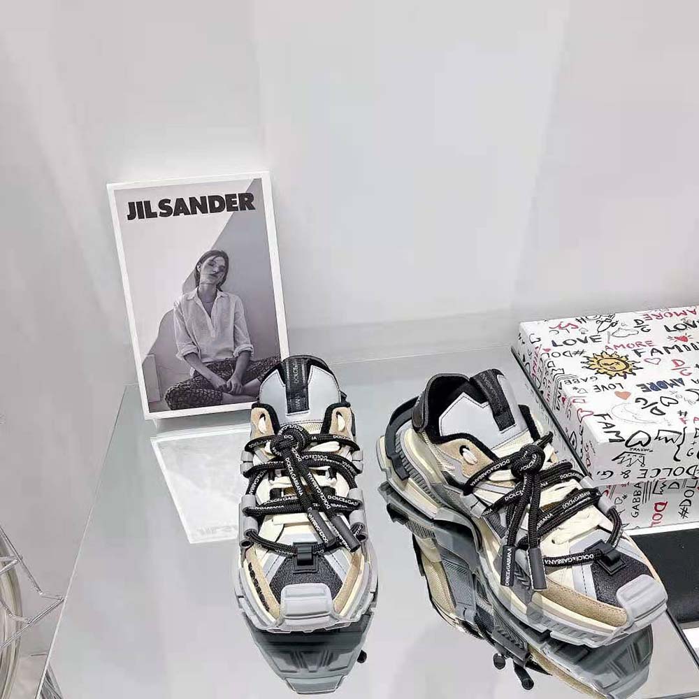 Top angle showing laces and mixed materials of Dolce Gabbana space sneakers