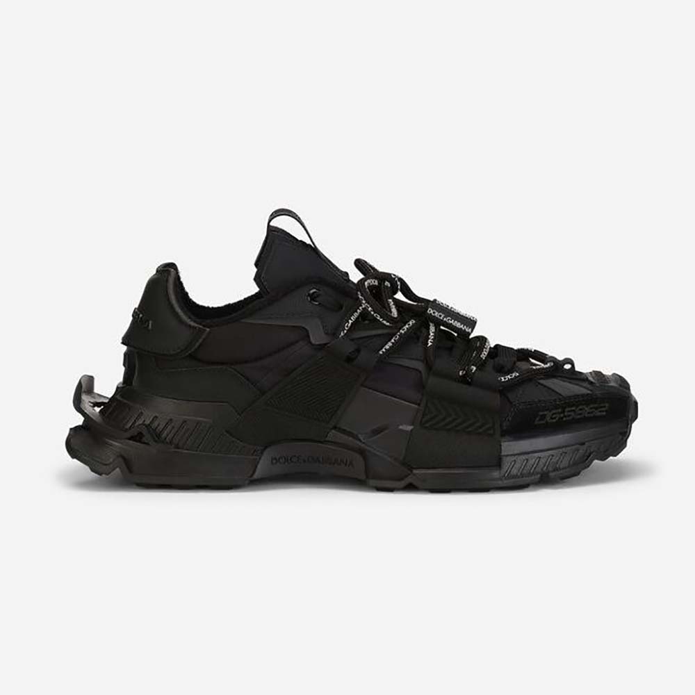 Front angle of Dolce Gabbana D&G Unisex Mixed-Materials Space Sneakers-Black