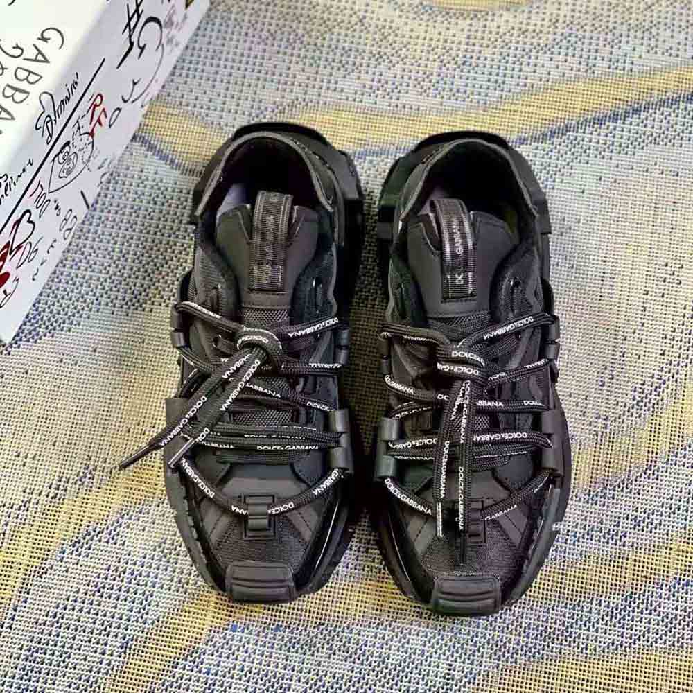 Close-up of black leather and fabric mix on Dolce Gabbana D&G sneakers
