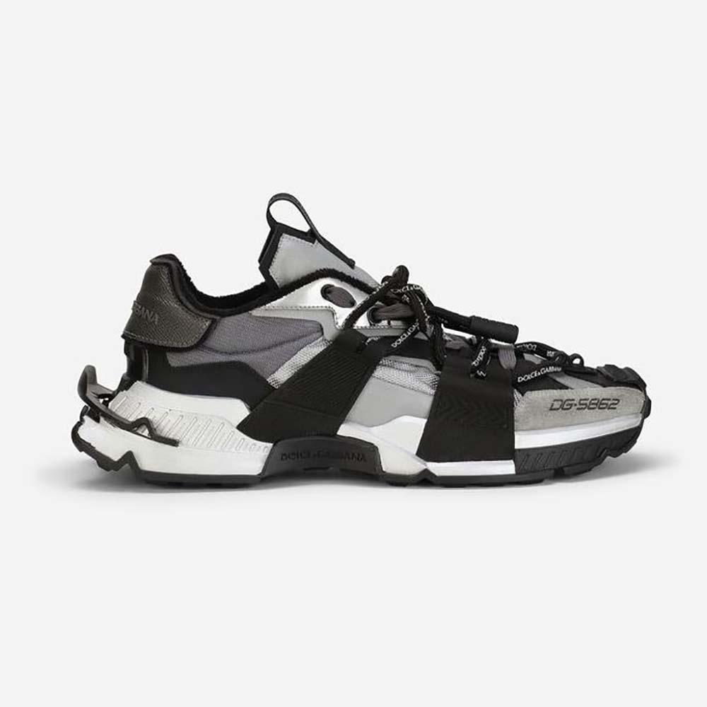 Side angle of Dolce Gabbana D&G Unisex Mixed-Materials Space Sneakers-Silver