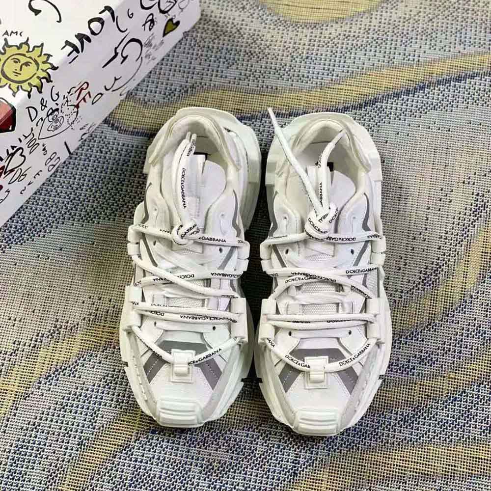 Close-up on lace and leather detailing of Dolce Gabbana D&G Space Sneakers