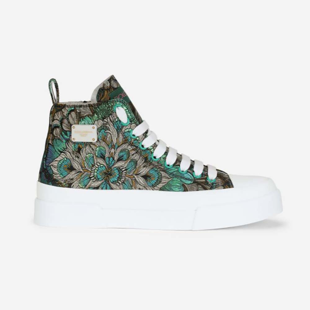 Side view of Dolce Gabbana D&G Women Brocade Portofino Light High-Top Sneakers green