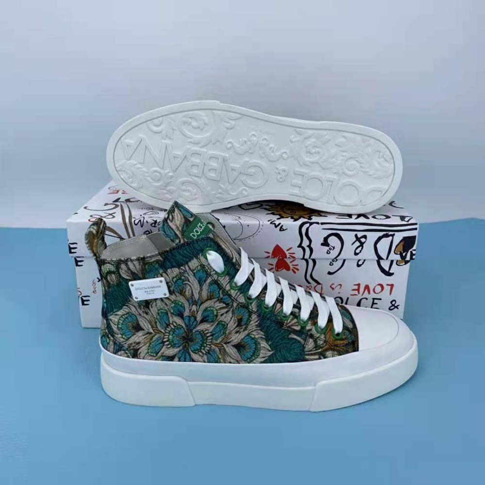 Top angle showing brocade fabric texture on Dolce Gabbana D&G high-top sneakers