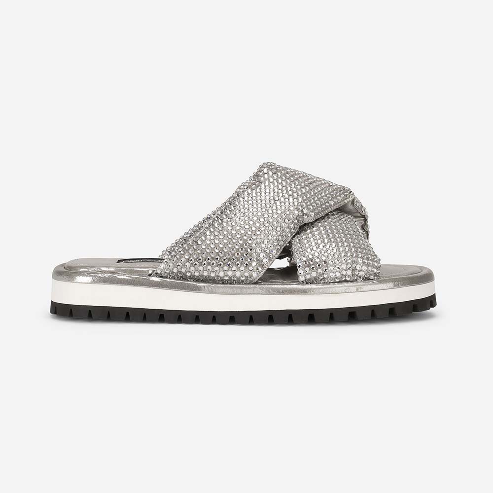 Side view of Dolce Gabbana D&G Women Padded Nylon Sliders with fusible rhinestones