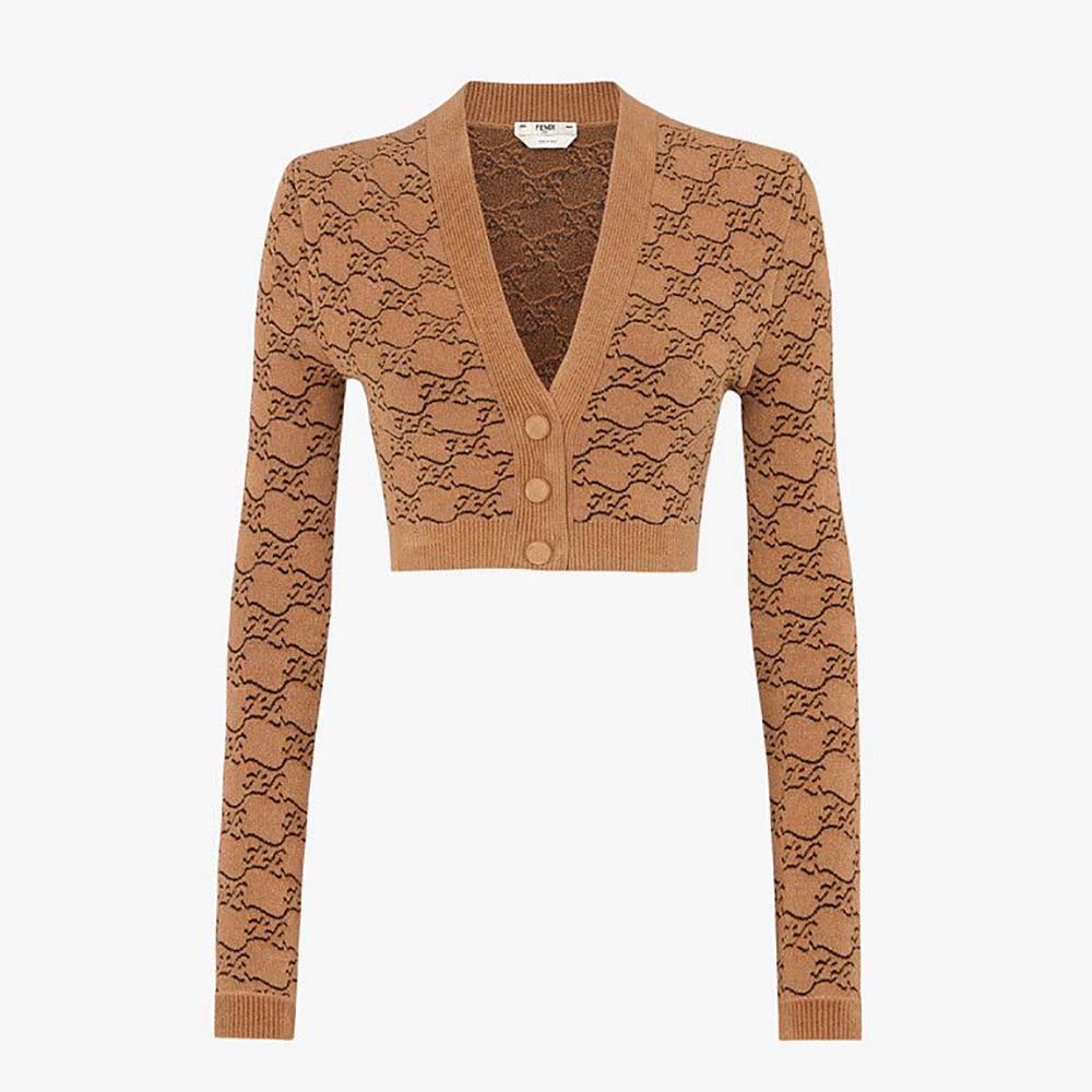 Fendi Women Beige Velvet and Viscose Cardigan with V Neck and Ribbed Edges - image 1