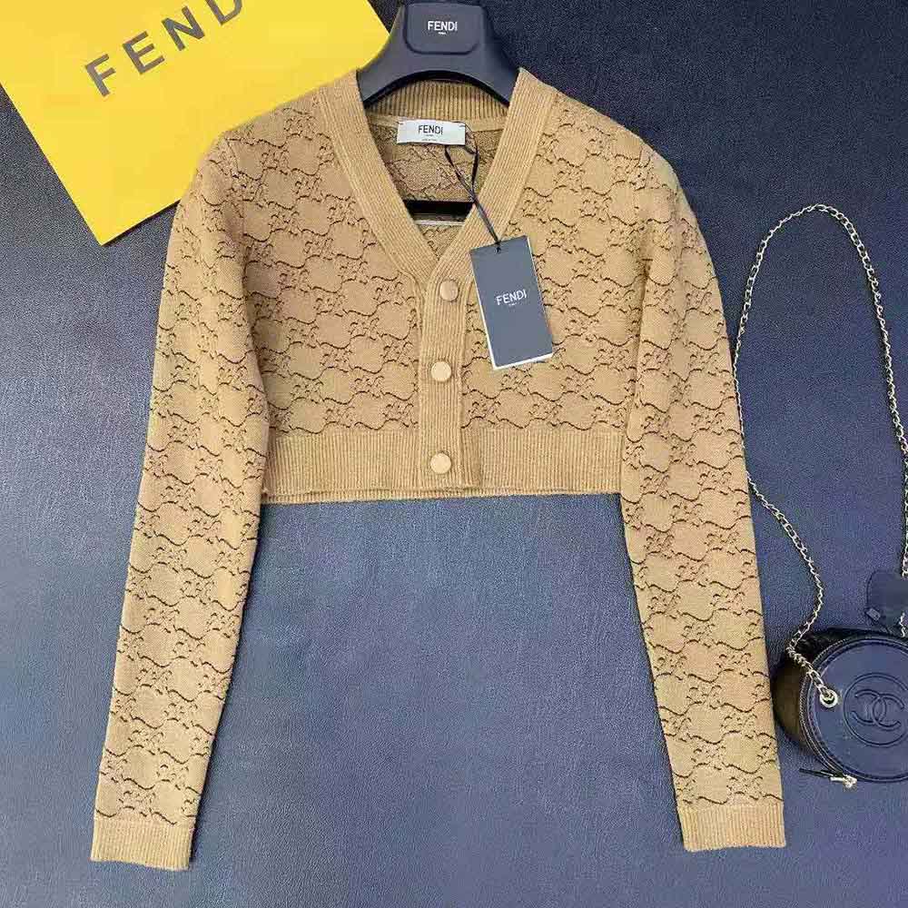 Fendi Women Beige Velvet and Viscose Cardigan with V Neck and Ribbed Edges - image 2