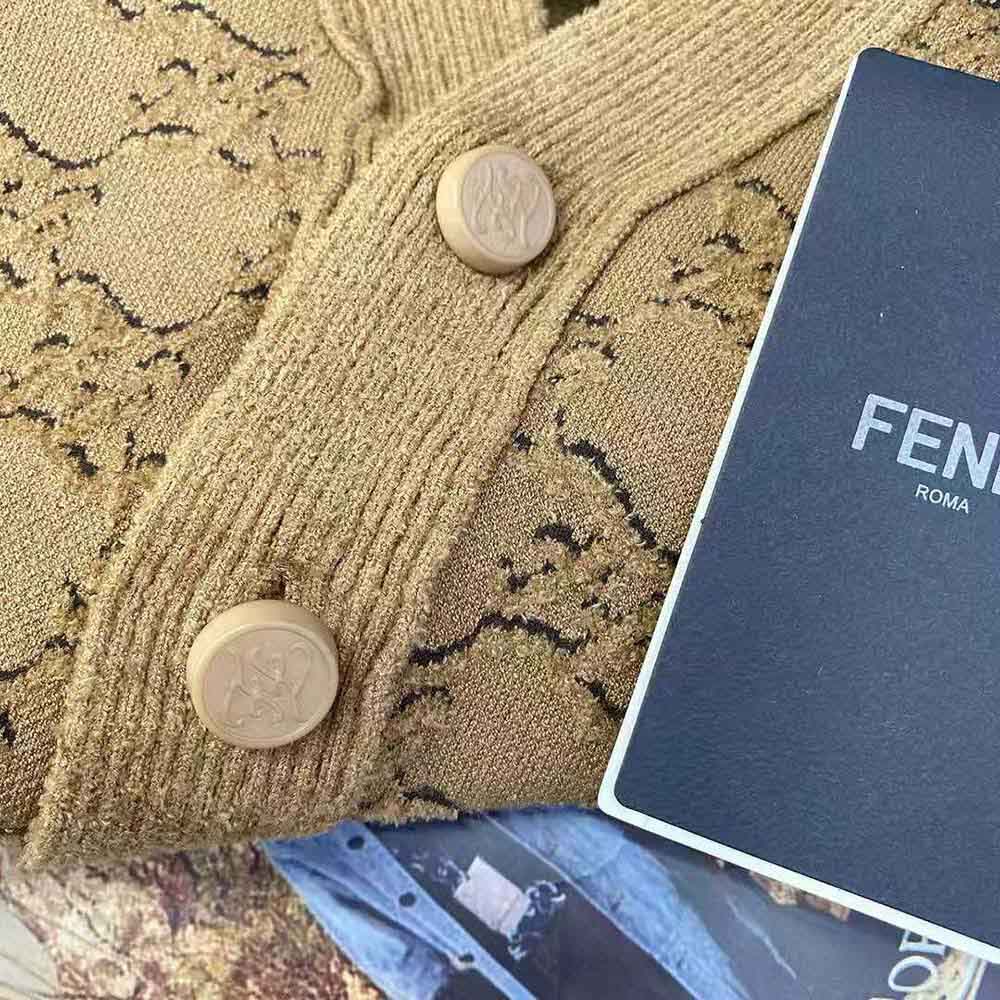 Fendi Women Beige Velvet and Viscose Cardigan with V Neck and Ribbed Edges - image 8