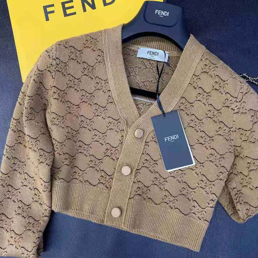 Fendi Women Beige Velvet and Viscose Cardigan with V Neck and Ribbed Edges - image 4