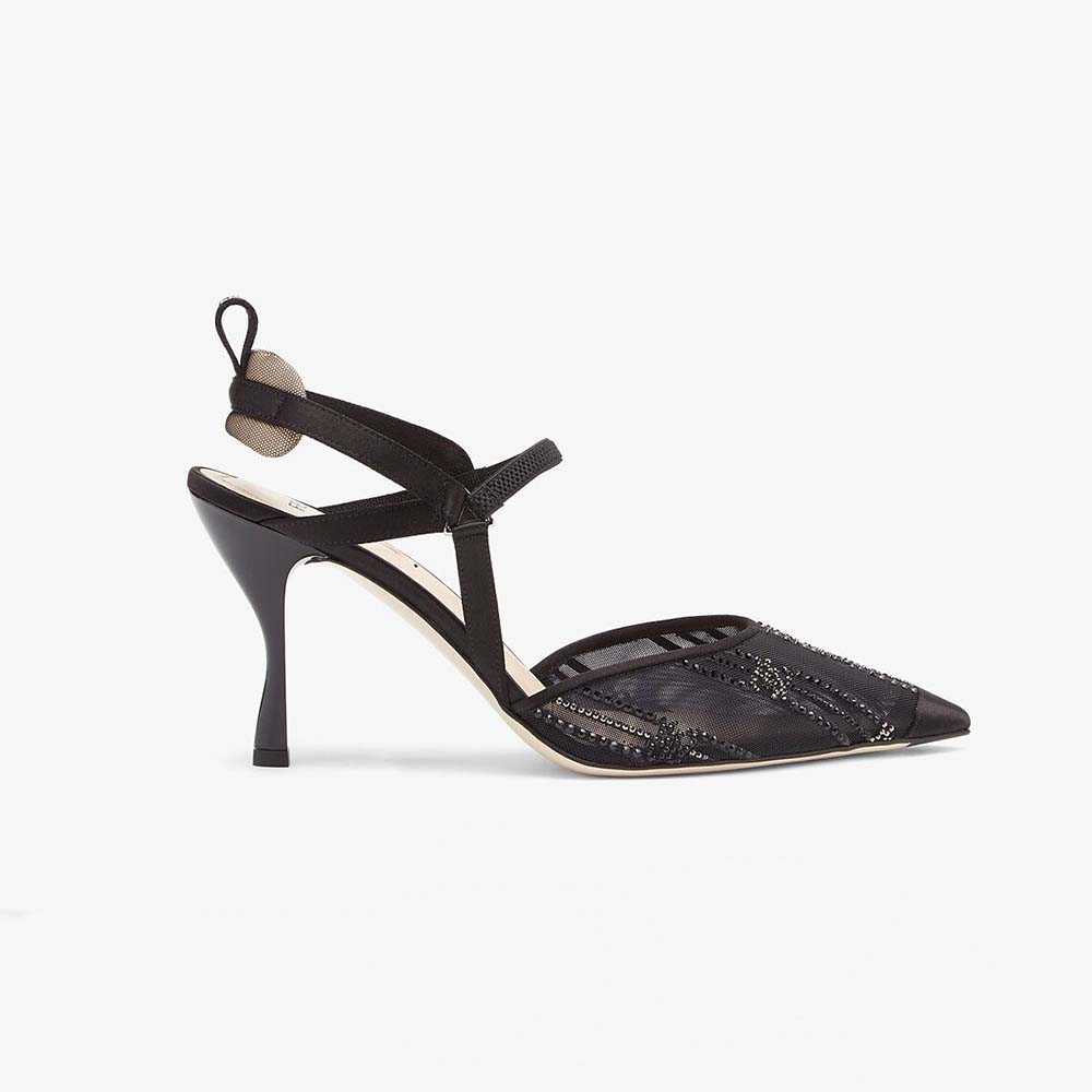 Fendi Women Colibri Black Mesh High-Heeled Slingbacks with Rhinestone Embroidery - image 1