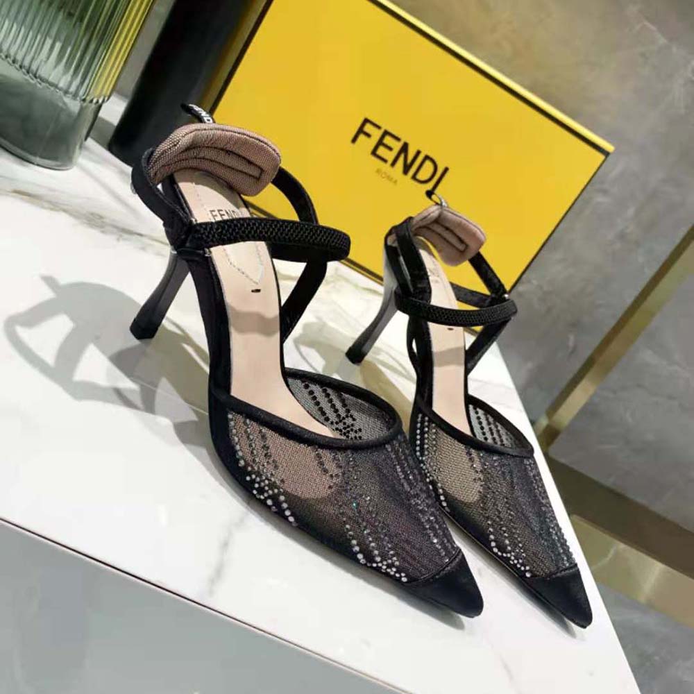 Fendi Women Colibri Black Mesh High-Heeled Slingbacks with Rhinestone Embroidery - image 4