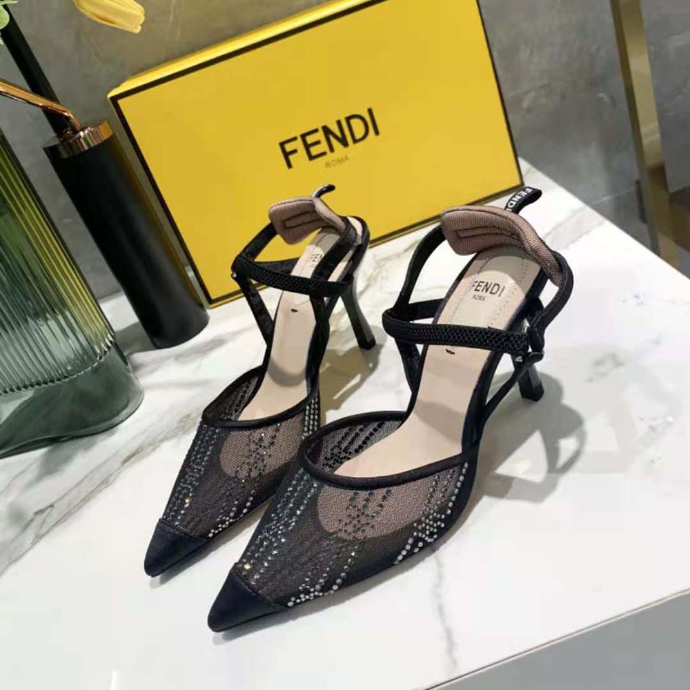 Fendi Women Colibri Black Mesh High-Heeled Slingbacks with Rhinestone Embroidery - image 5