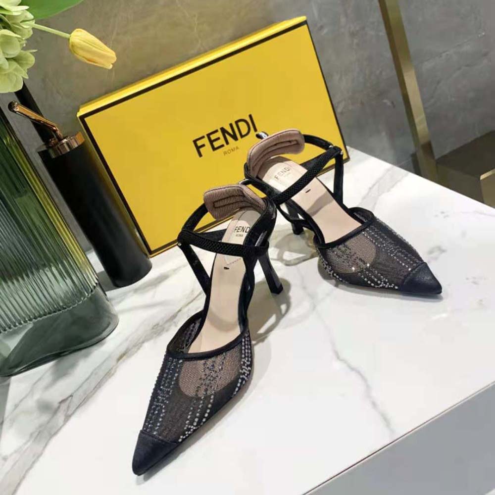 Fendi Women Colibri Black Mesh High-Heeled Slingbacks with Rhinestone Embroidery - image 3