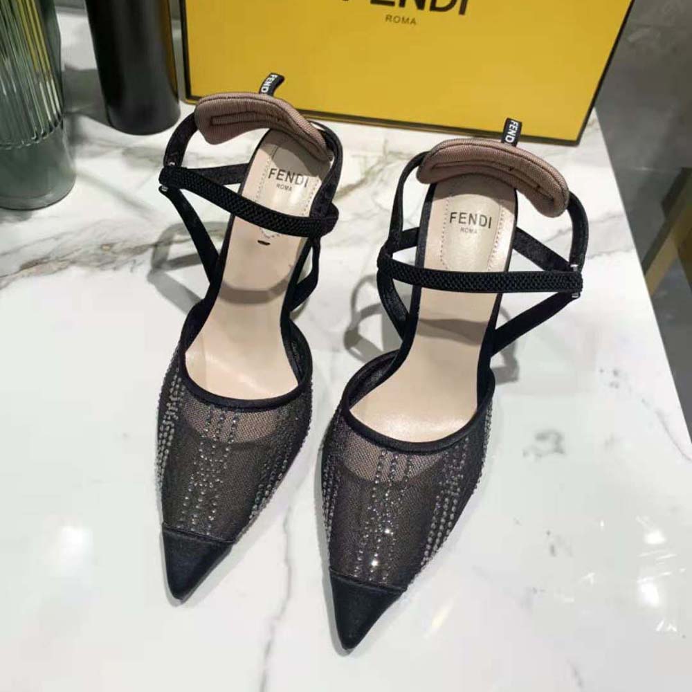 Fendi Women Colibri Black Mesh High-Heeled Slingbacks with Rhinestone Embroidery - image 2