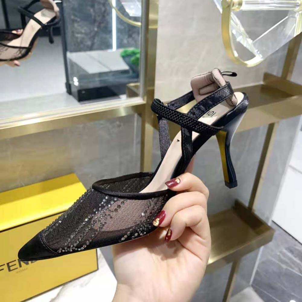 Fendi Women Colibri Black Mesh High-Heeled Slingbacks with Rhinestone Embroidery - image 8