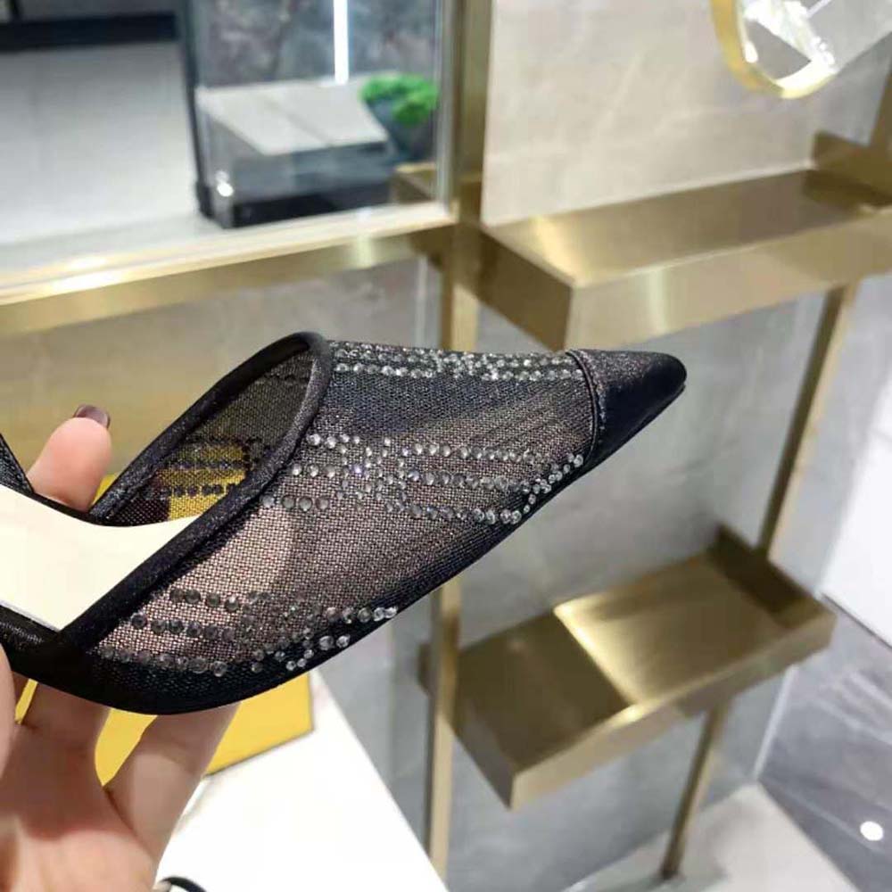 Fendi Women Colibri Black Mesh High-Heeled Slingbacks with Rhinestone Embroidery - image 10