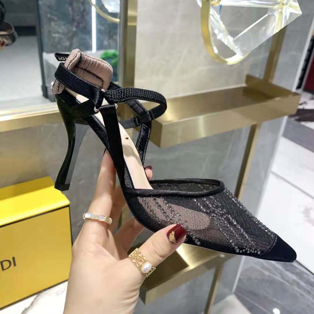 Fendi Women Colibri Black Mesh High-Heeled Slingbacks with Rhinestone Embroidery - image 7