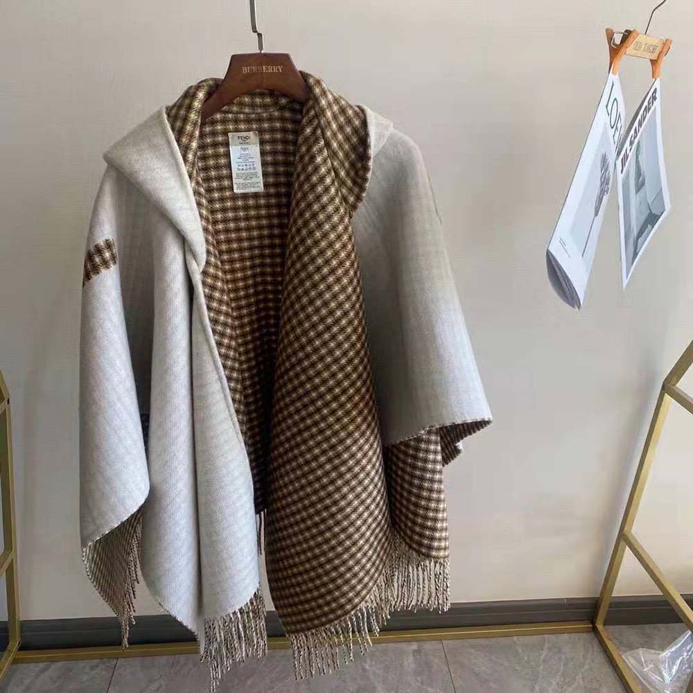 Fendi Women Cream Wool and Cashmere Poncho with Hood - image 3