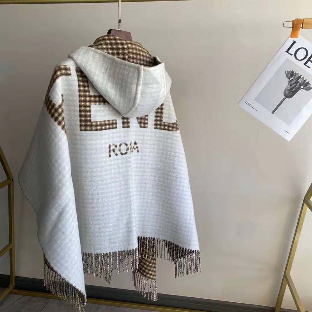 Fendi Women Cream Wool and Cashmere Poncho with Hood - image 4