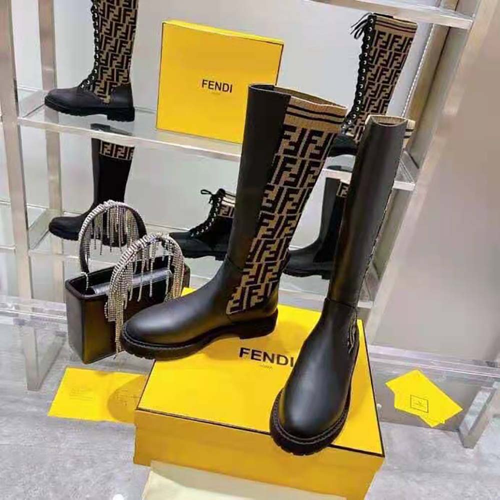 Fendi Women Rockoko Black Leather Ankle Boots with Stretch Fabric - image 2