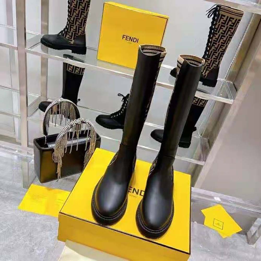 Fendi Women Rockoko Black Leather Ankle Boots with Stretch Fabric - image 3