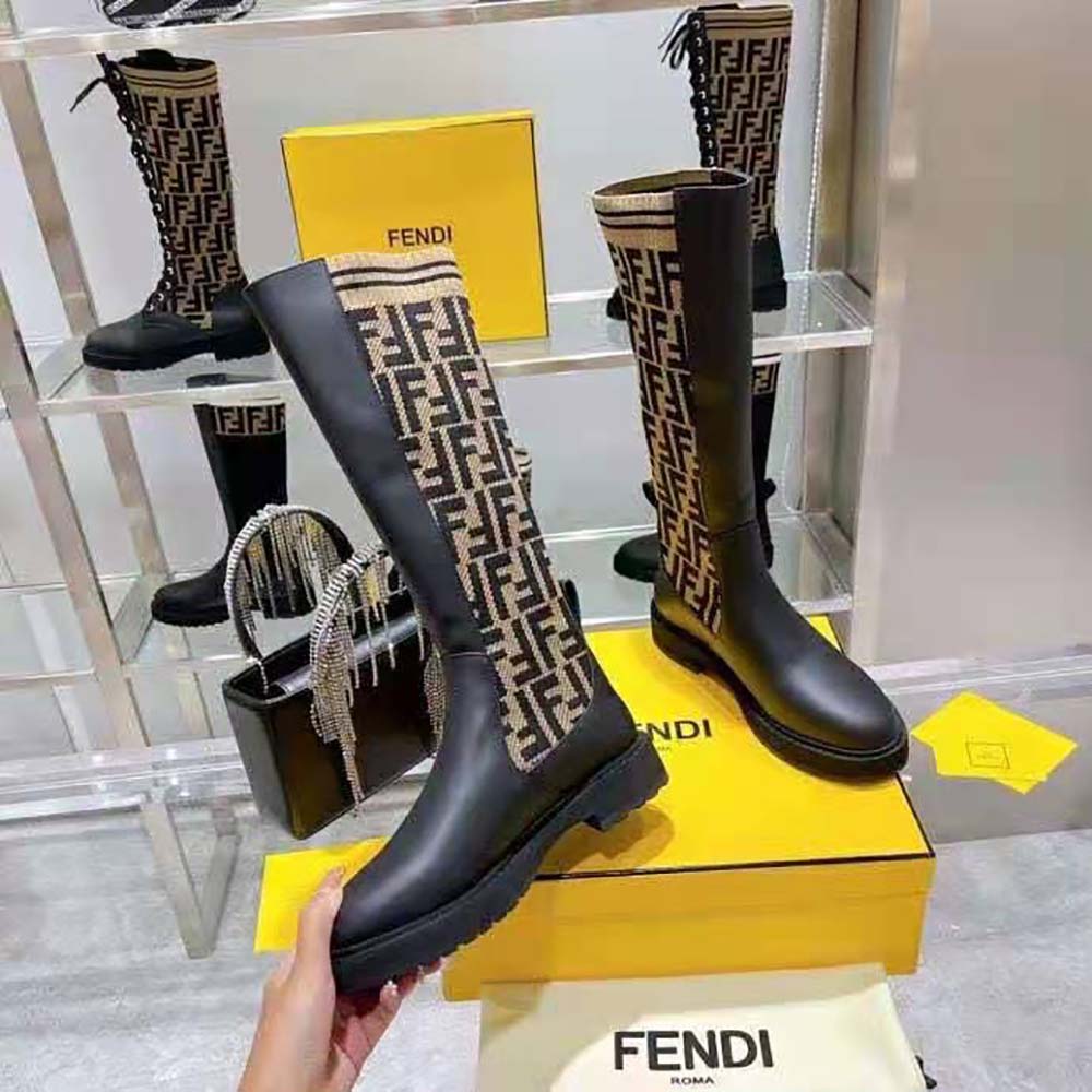 Fendi Women Rockoko Black Leather Ankle Boots with Stretch Fabric - image 5