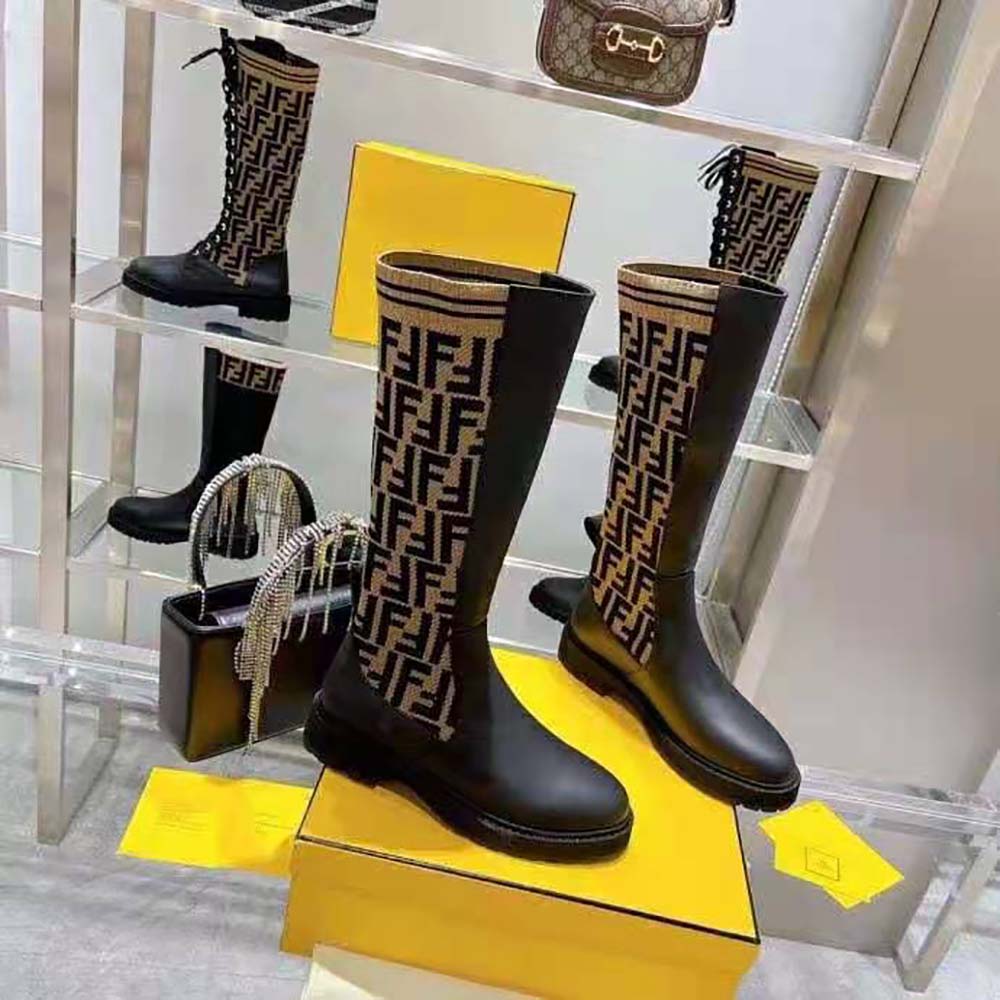 Fendi Women Rockoko Black Leather Ankle Boots with Stretch Fabric - image 4