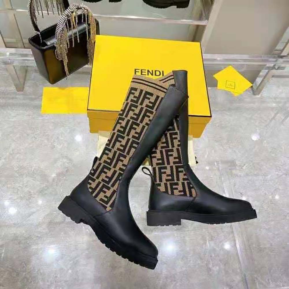 Fendi Women Rockoko Black Leather Ankle Boots with Stretch Fabric - image 6