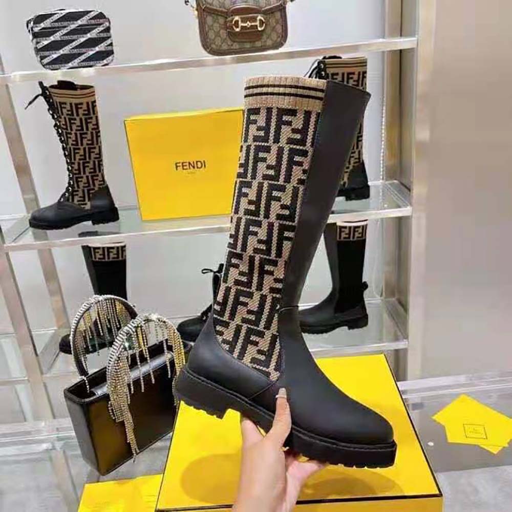 Fendi Women Rockoko Black Leather Ankle Boots with Stretch Fabric - image 7
