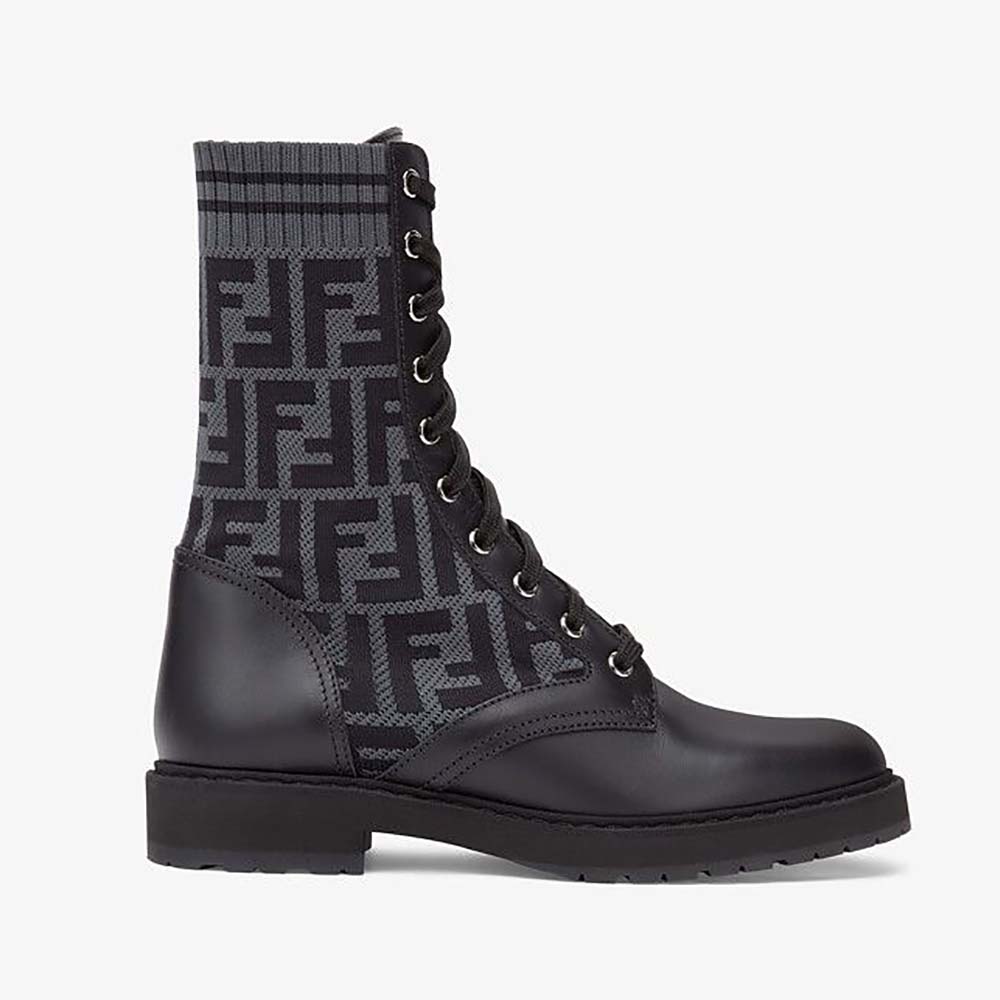 Fendi Women Rockoko Black Leather Biker Boots with Stretch Fabric - image 1
