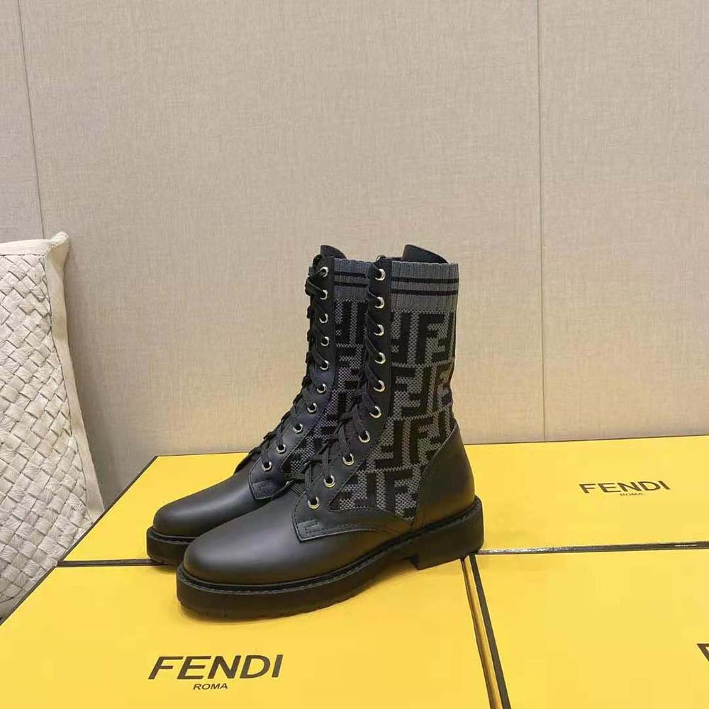 Fendi Women Rockoko Black Leather Biker Boots with Stretch Fabric - image 2