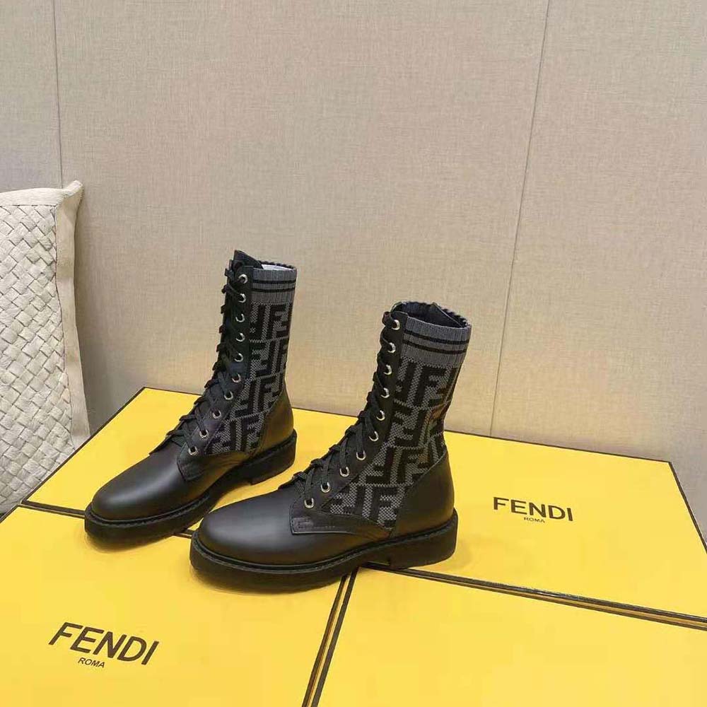 Fendi Women Rockoko Black Leather Biker Boots with Stretch Fabric - image 3