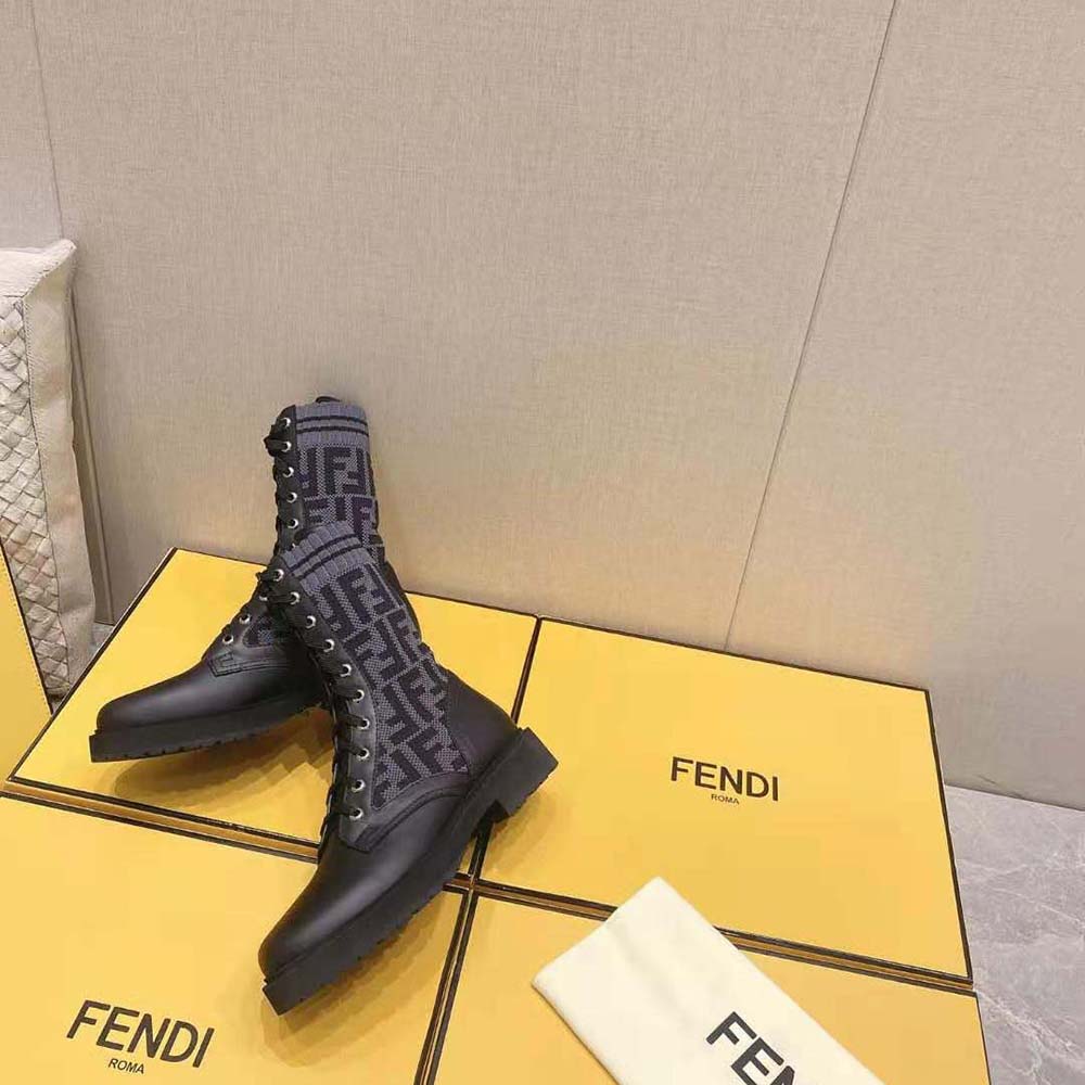 Fendi Women Rockoko Black Leather Biker Boots with Stretch Fabric - image 4