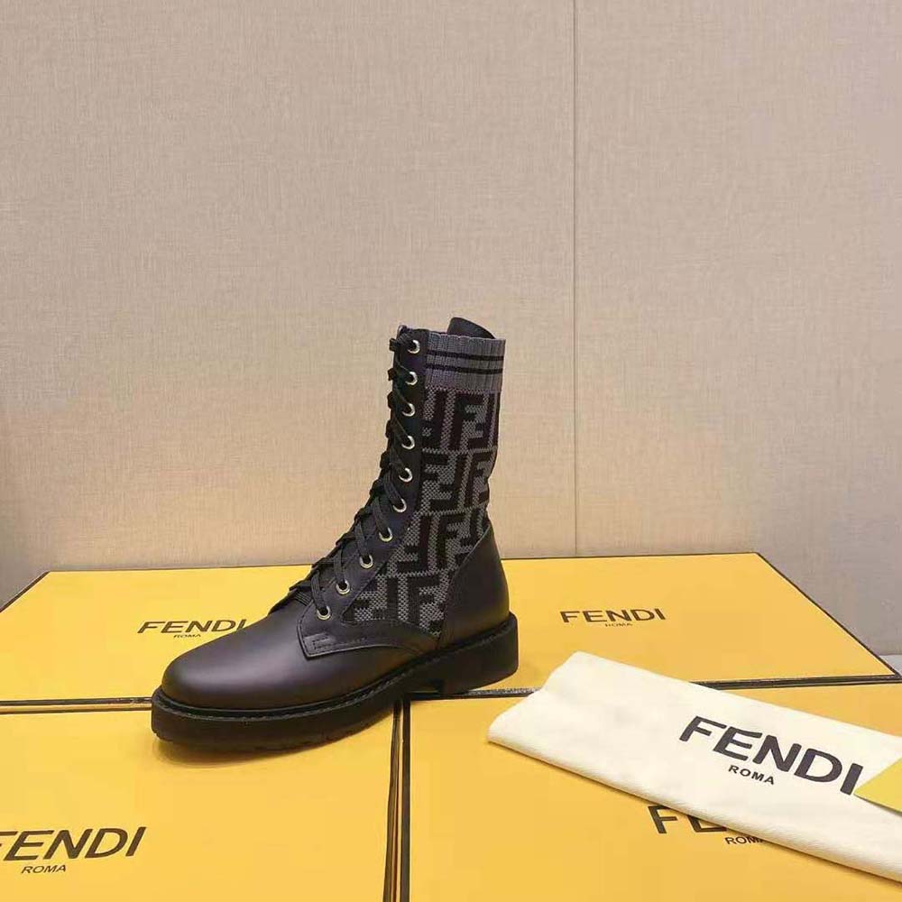 Fendi Women Rockoko Black Leather Biker Boots with Stretch Fabric - image 7