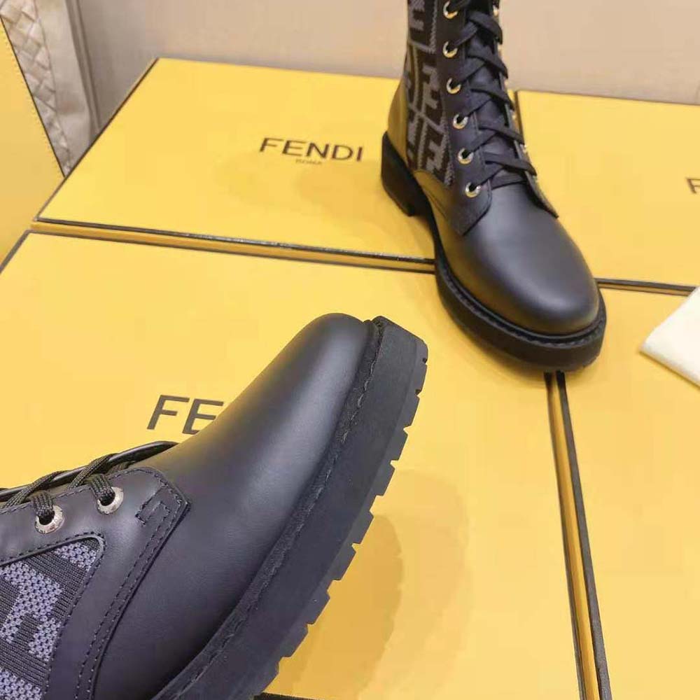 Fendi Women Rockoko Black Leather Biker Boots with Stretch Fabric - image 8
