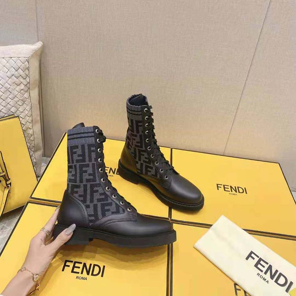 Fendi Women Rockoko Black Leather Biker Boots with Stretch Fabric - image 5