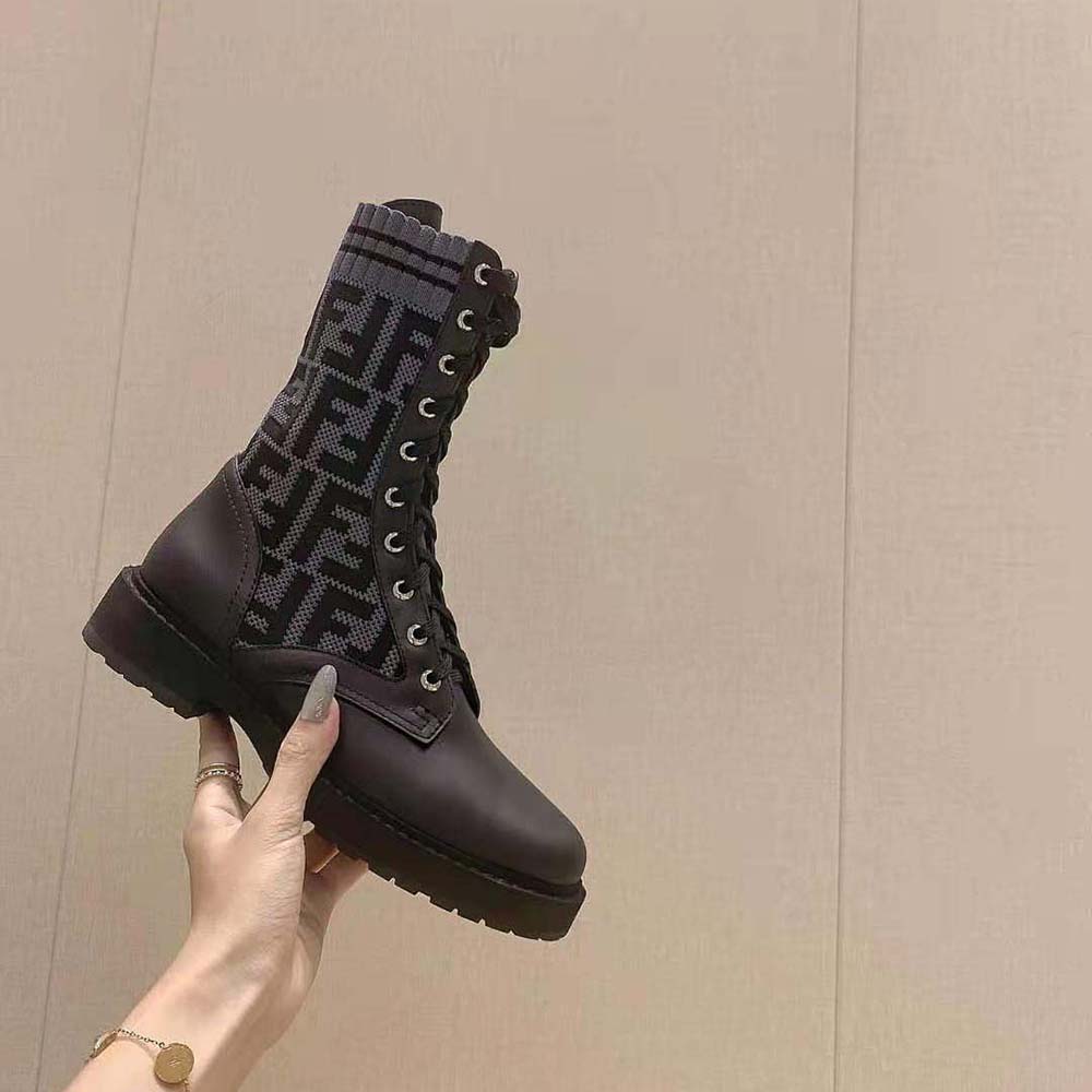 Fendi Women Rockoko Black Leather Biker Boots with Stretch Fabric - image 9