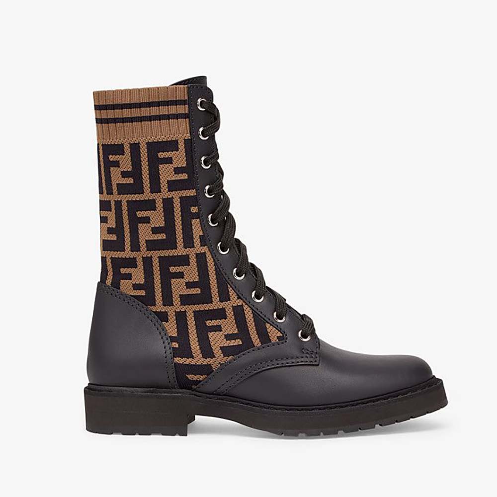 Fendi Women Rockoko Black/Brown Leather Biker Boots with Stretch Fabric - image 1