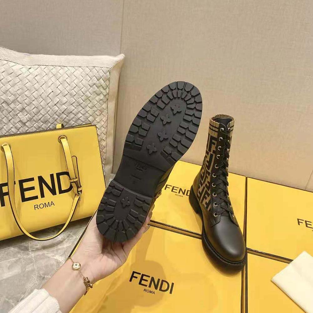 Fendi Women Rockoko Black/Brown Leather Biker Boots with Stretch Fabric - image 10