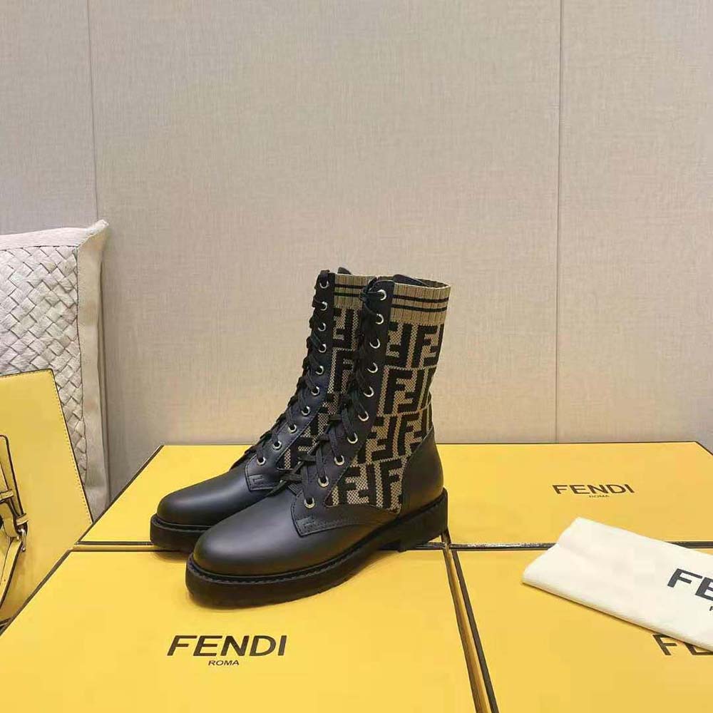 Fendi Women Rockoko Black/Brown Leather Biker Boots with Stretch Fabric - image 4